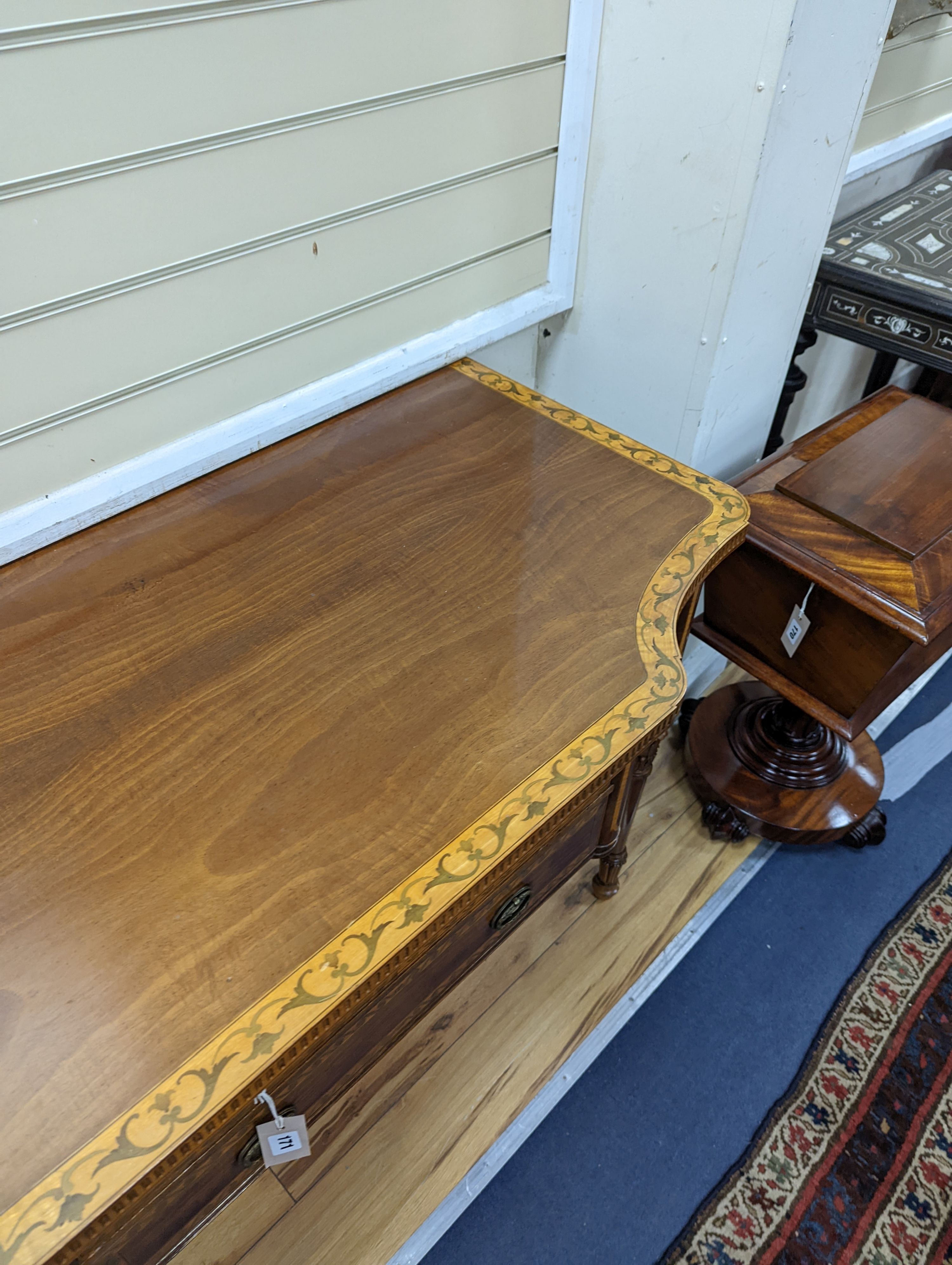 An early 20th century Sheraton style satinwood banded and marquetry inlaid mahogany breakfront sideboard, length 122cm, depth 58cm, height 82cm